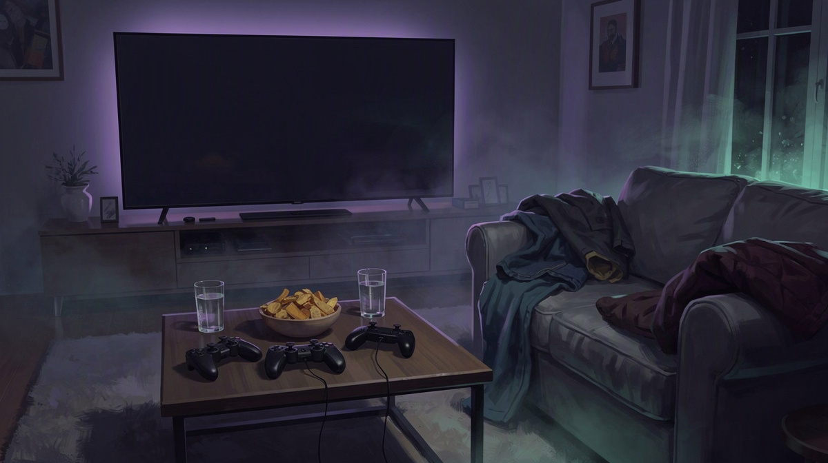 Living room setup with controllers, snacks, and a softly glowing screen for a friends' session.