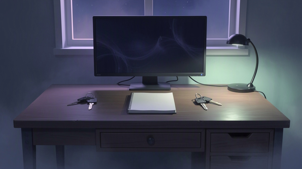 Neat desk with keys, blank notebook, and dark monitor suggesting careful shared access.