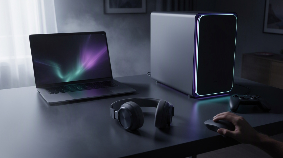 A tidy desk with glowing screens, a controller, and a hand preparing a game server setup.