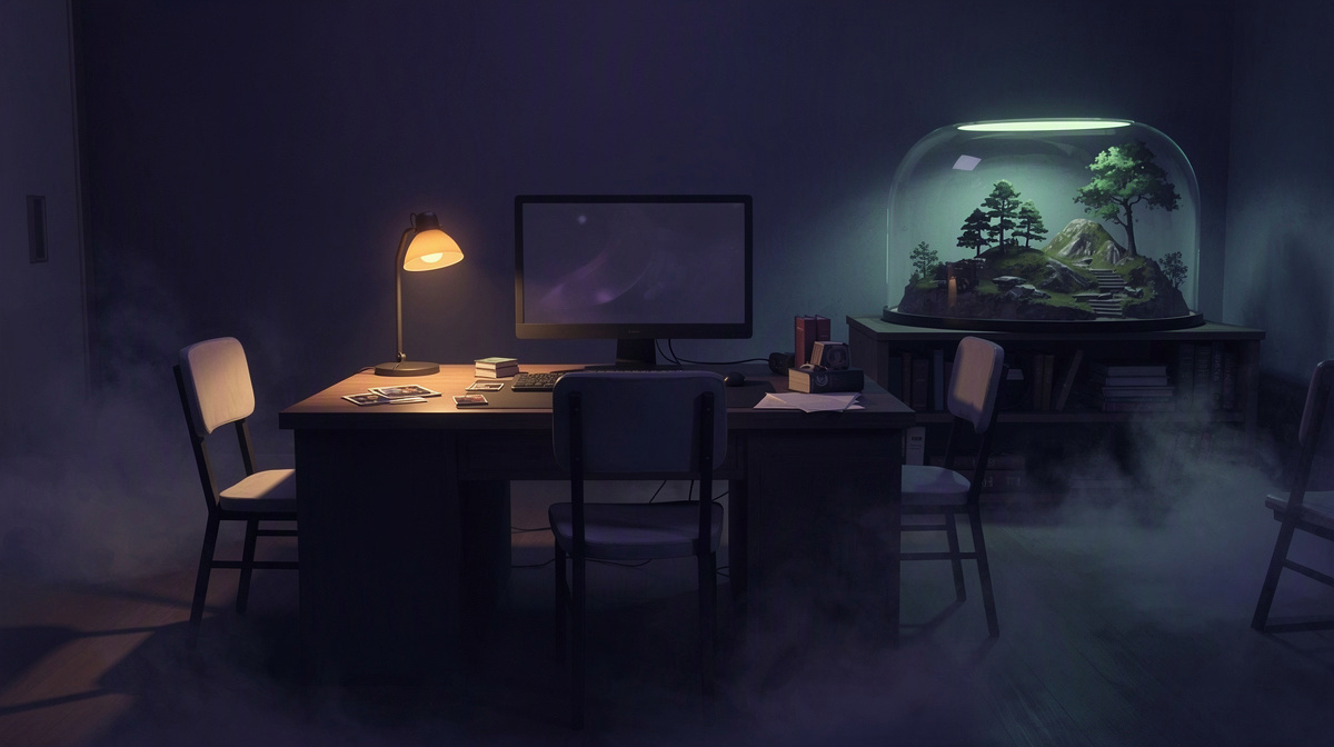 An empty gaming room at night with dim light and a preserved miniature world on a shelf.