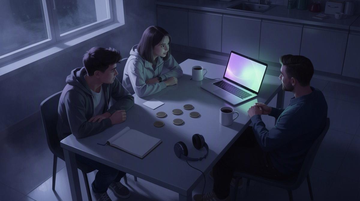Friends at a table compare shared hosting costs with blank payment items and a glowing laptop.