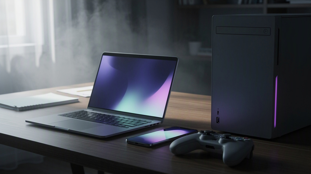Laptop, phone, and desktop on a tidy desk, suggesting an easy shared server setup.