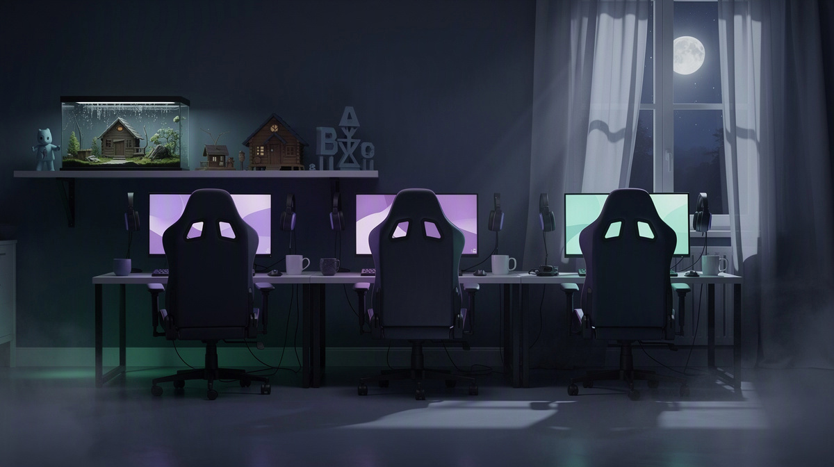 An empty gaming room at night with dim screens and a calm paused atmosphere.