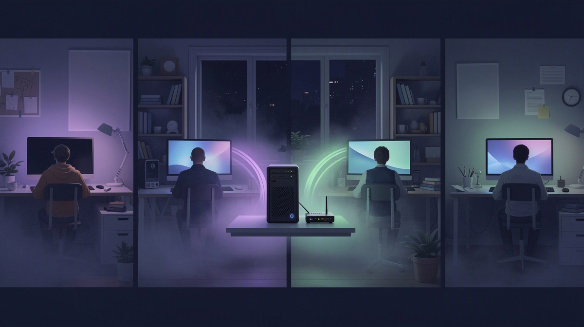 Friends in separate rooms connected by soft light around a small server box and routers.