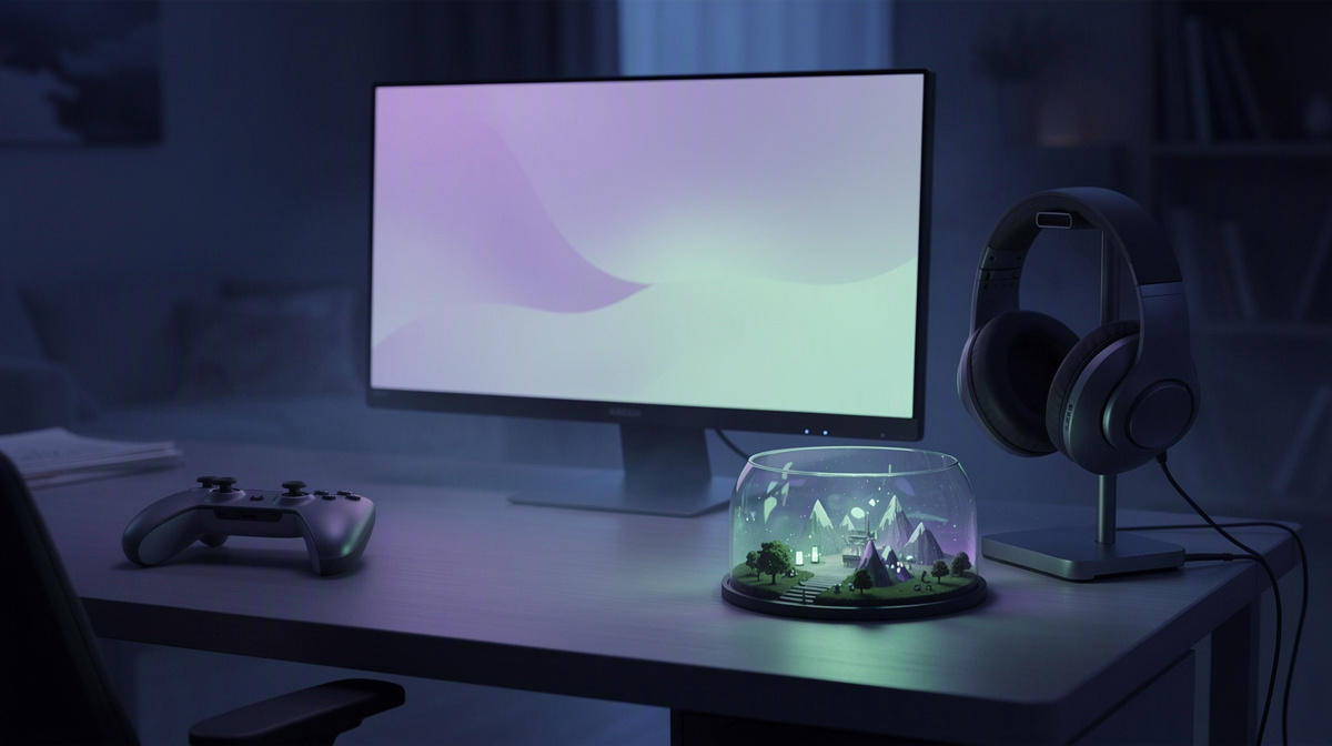 Dim gaming desk at night with set-down controller and a softly lit miniature world resting.