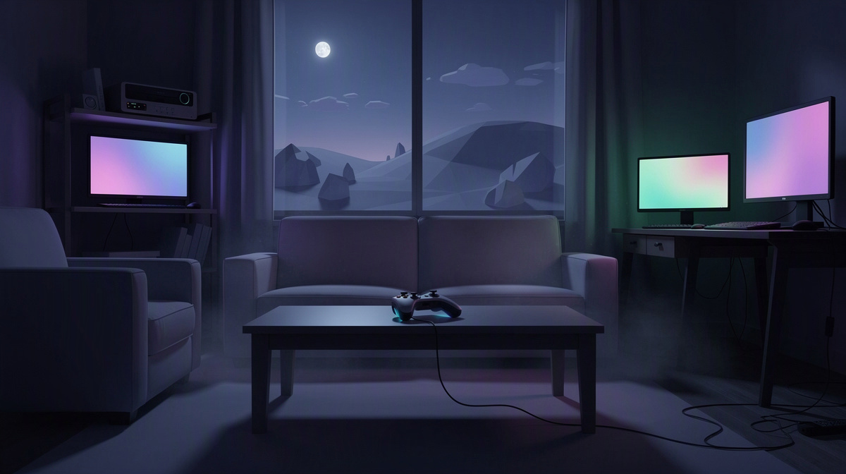 An empty room with softly glowing devices at night, suggesting a paused world waiting for friends.