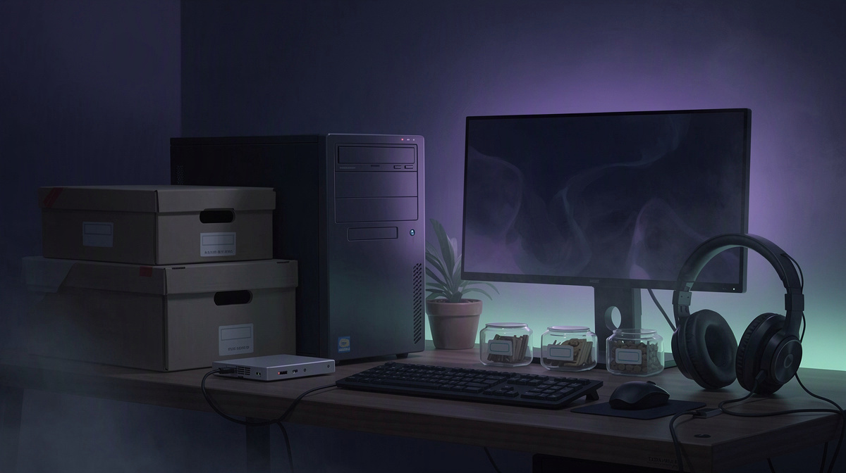 Tidy home desk with storage devices and three small containers representing recent backups.