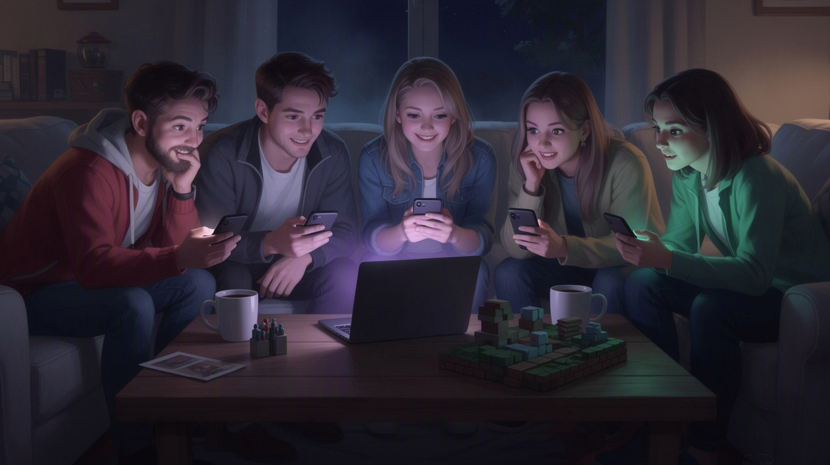Friends around a coffee table using phones and a laptop to start a shared server.
