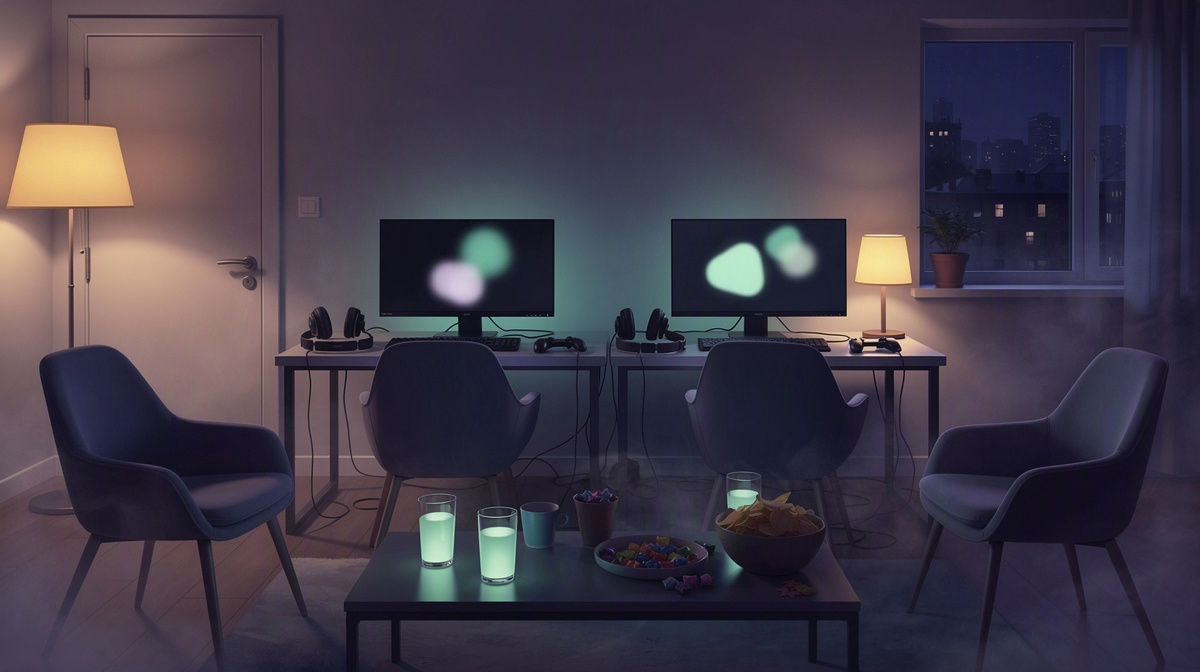 Relaxed room with several gaming setups, snacks, and soft screen glow for a friends-only session.