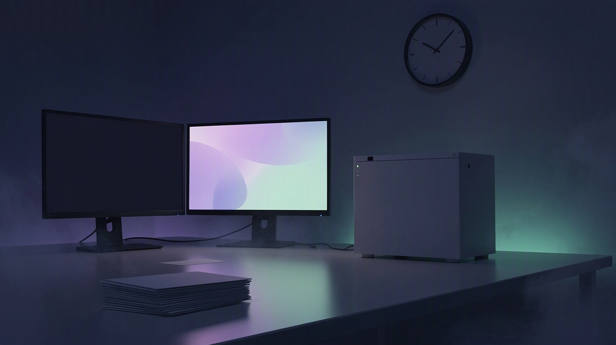 Tidy desk with a compact server box, dark monitor, and soft evening light suggesting paused and resumed play.