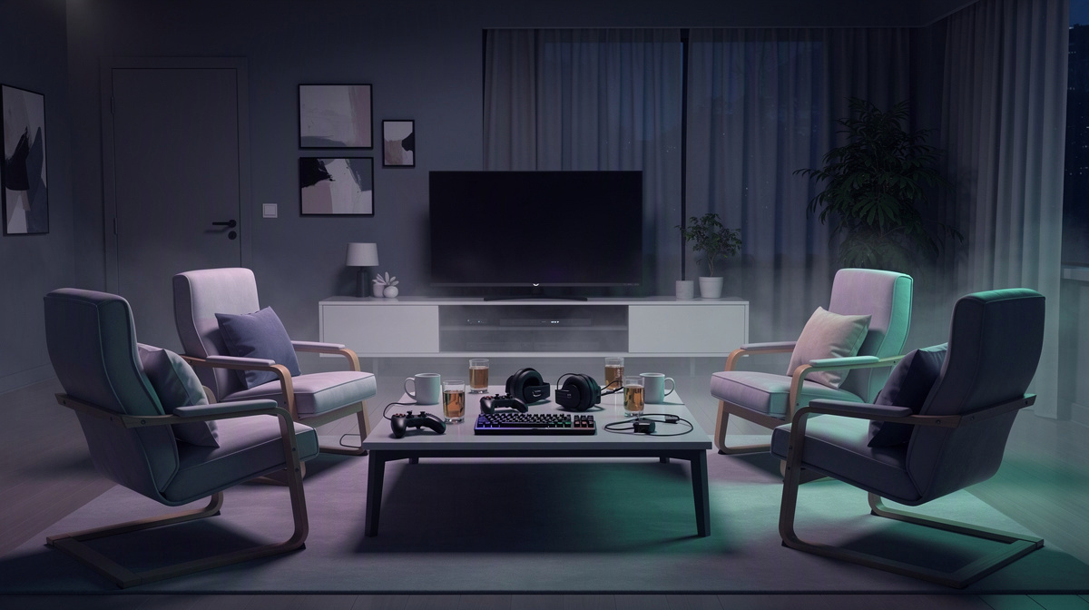 Private game night setup in a living room with chairs, headsets, and a calm evening atmosphere