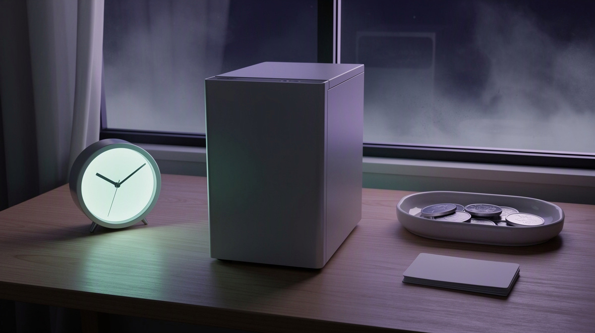 Minimal desk scene with a small server unit, clock, coins, and a blank prepaid card