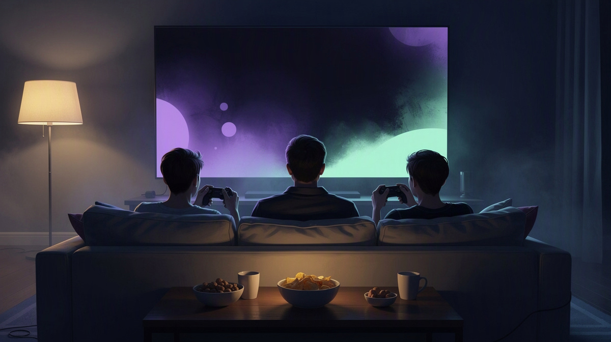 Drei Freunde auf einem Sofa vor einem sanft leuchtenden Bildschirm während eines entspannten Match-Abends.