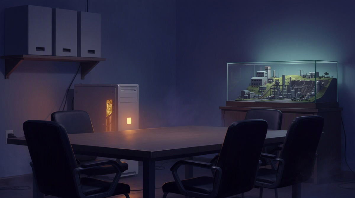 Empty gaming room with a softly glowing server tower and three blank storage cases on a shelf.