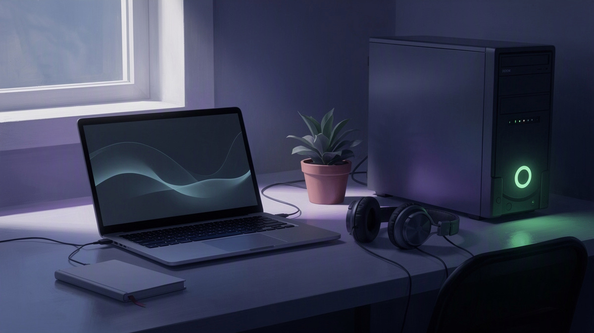 Simple home workspace with laptop and desktop suggesting easy server setup.