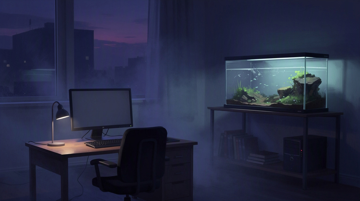 Idle computer at dusk with a terrarium, symbolizing a paused world kept safe.