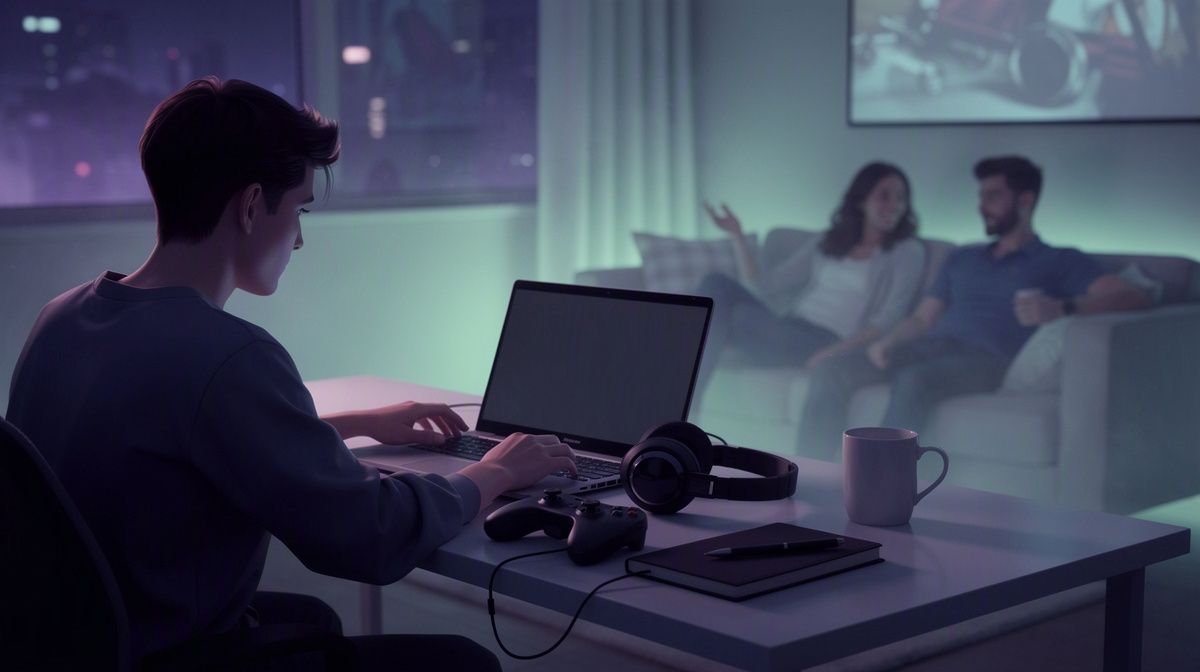 A player at a laptop in a cozy room while friends wait nearby to join a session.