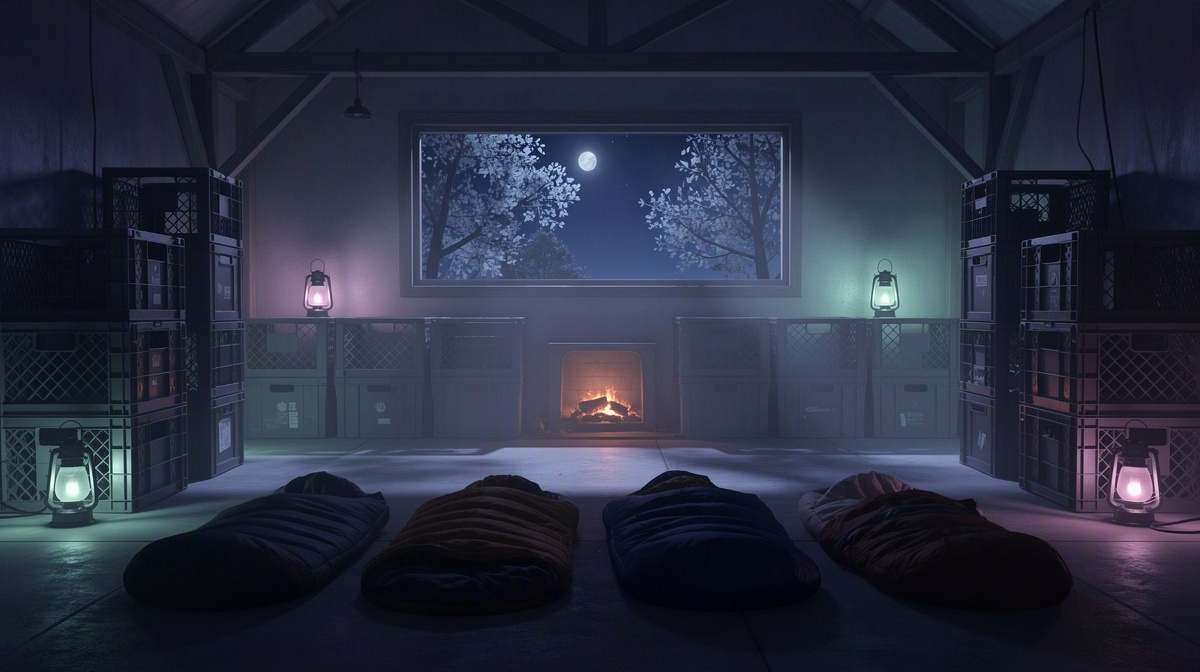 Empty survival shelter at night, preserved and quiet, with lantern light and moonlit trees outside.