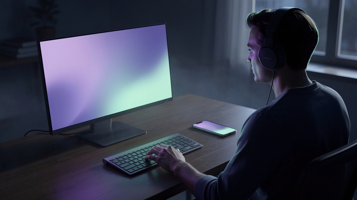 A clean desk with a computer and phone, suggesting a quick server setup from home.