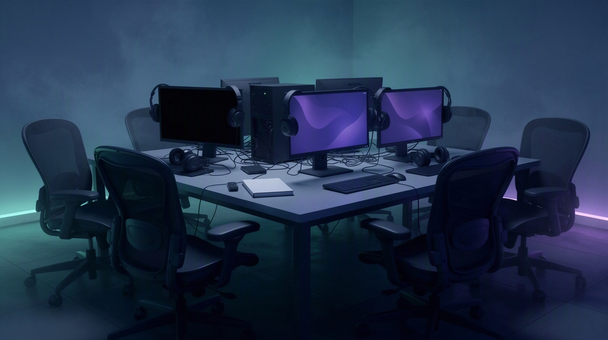 An empty gaming setup at night with sleeping screens and a calm paused mood.