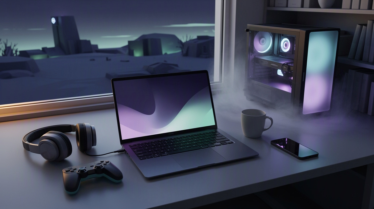Simple desk setup with a laptop, phone, headphones, and warm evening light.