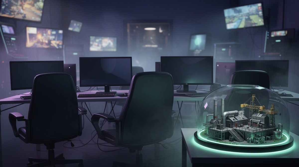 Empty gaming room at night with dim screens and a preserved miniature industrial world.
