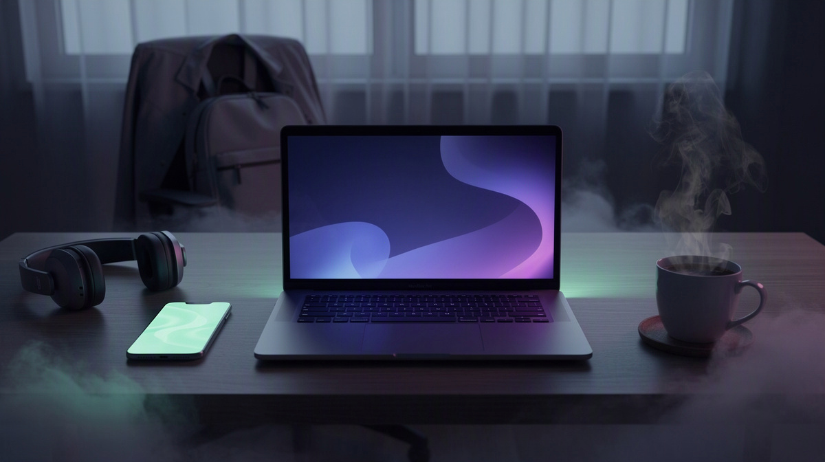 Simple desk with a laptop, phone, and headset ready for an on-demand gaming session.