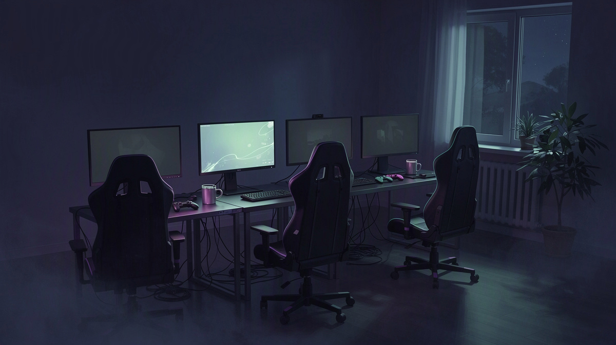 Empty gaming room with dim glowing screens after friends have logged off.