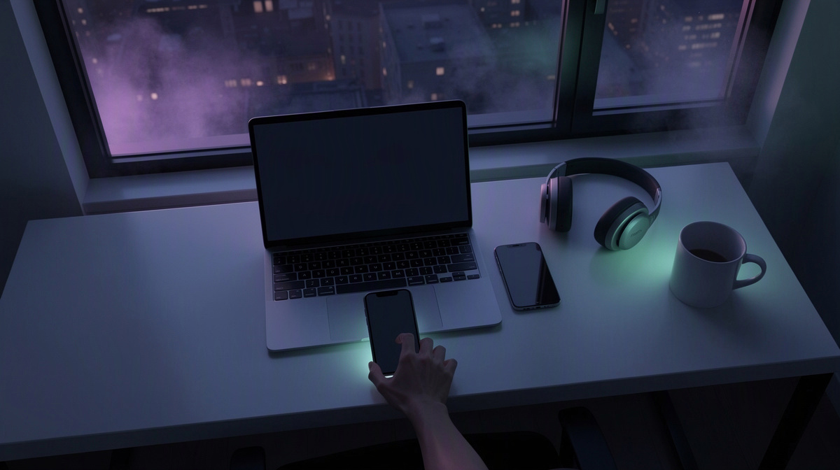 Laptop and phone on a desk at dusk, set up to start a shared online world.