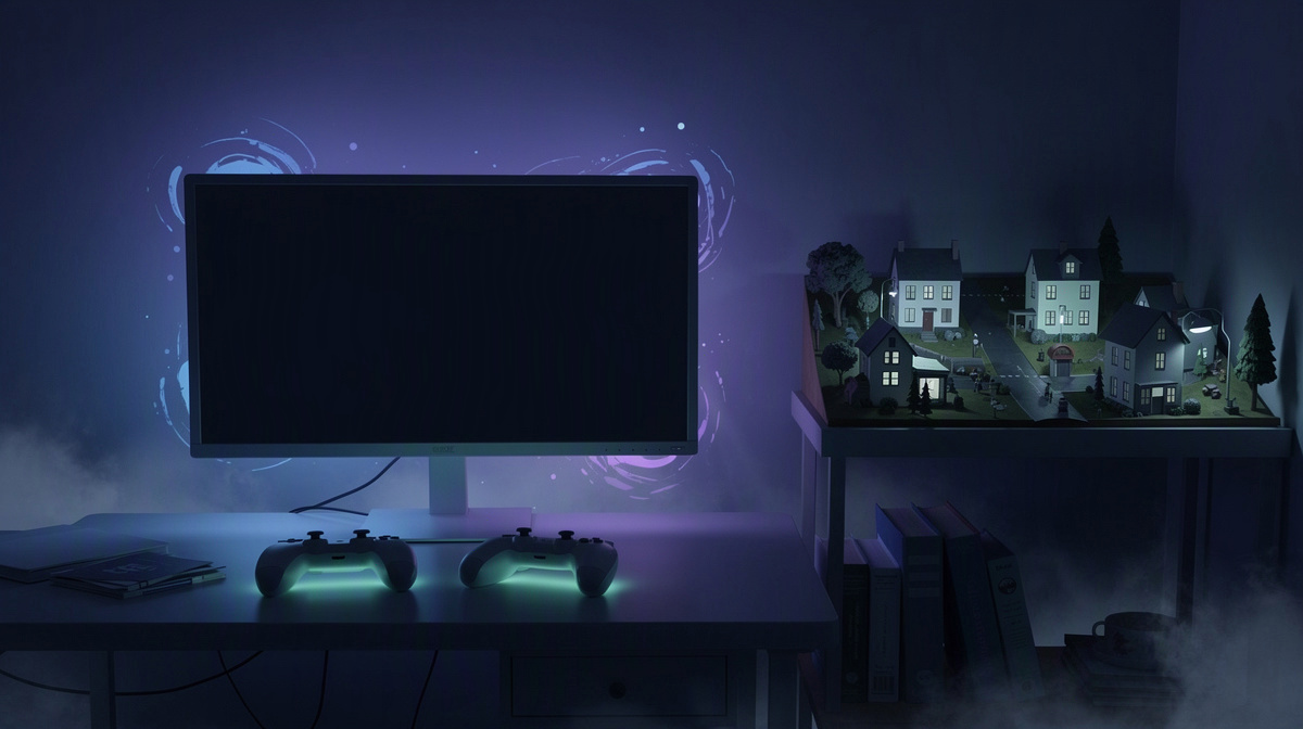 Quiet gaming room with resting controllers and a softly lit model world suggesting saved progress.