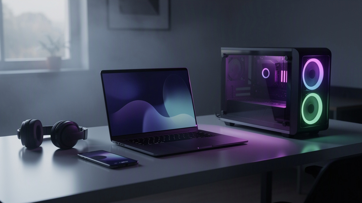 Simple desk setup with laptop, phone, and glowing computer in a bright room.