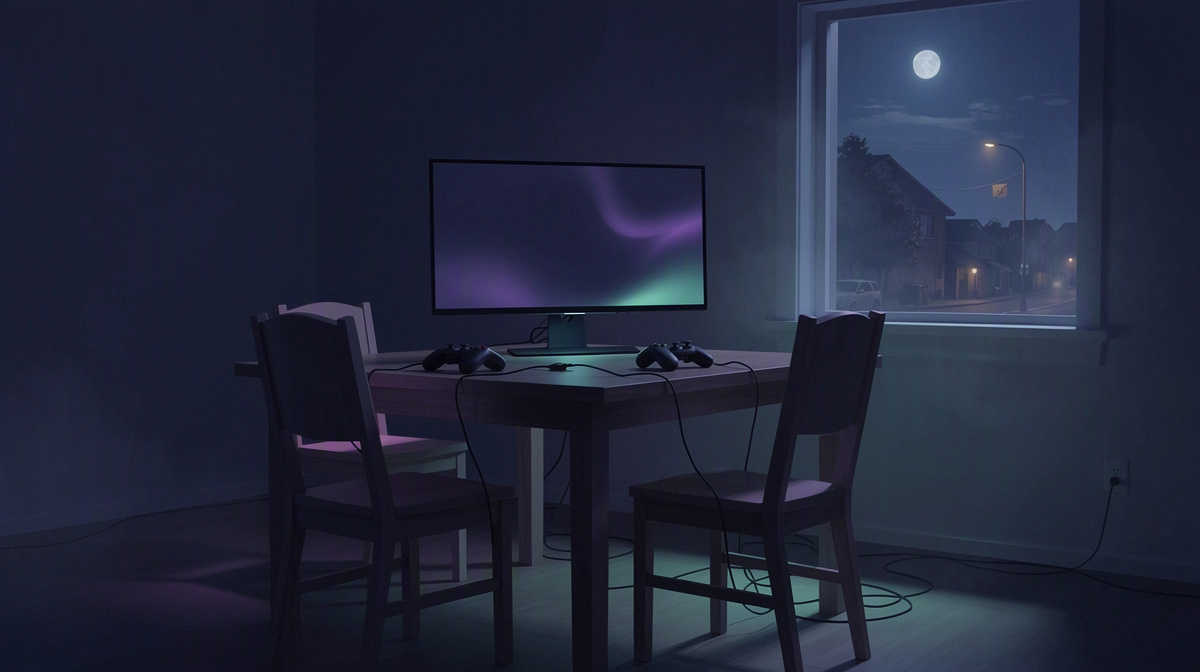 A calm room after gaming, with devices resting and a monitor dimly glowing at night.