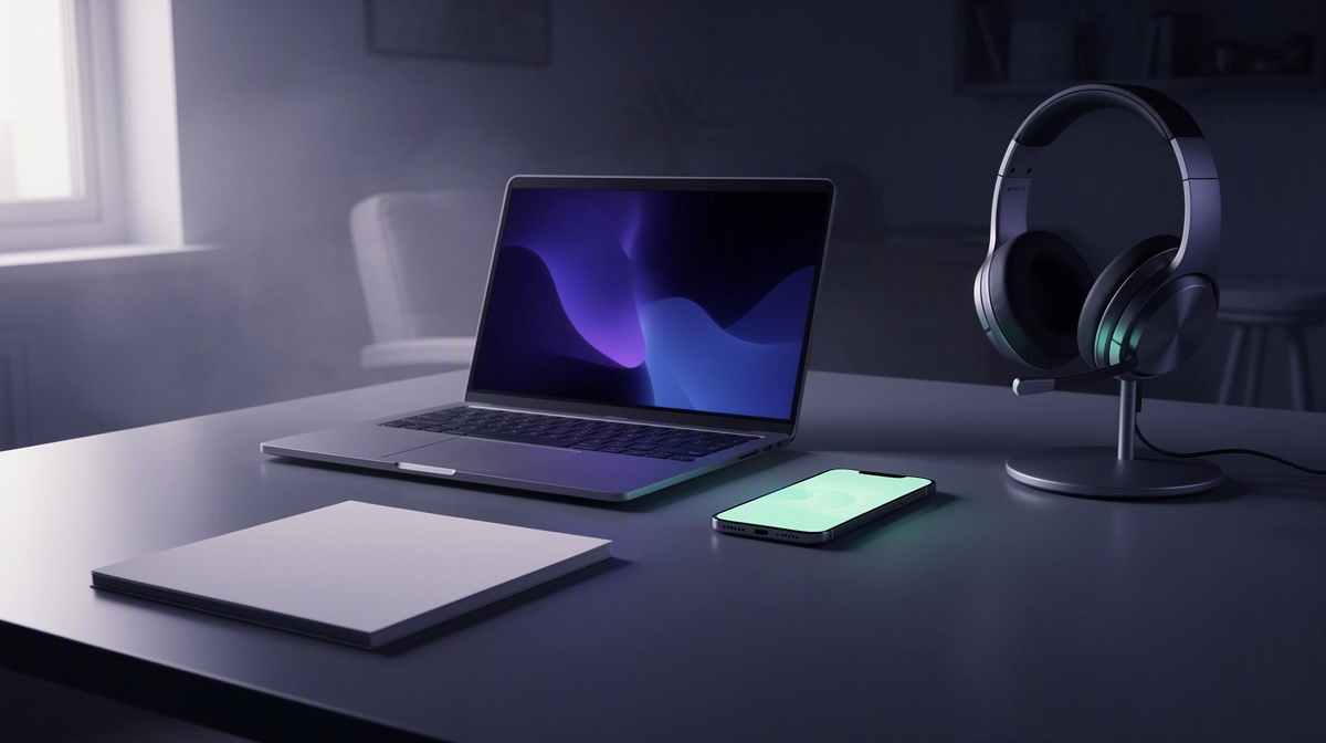 Simple desk setup with a glowing laptop, phone, headset, and blank notepad in morning light.
