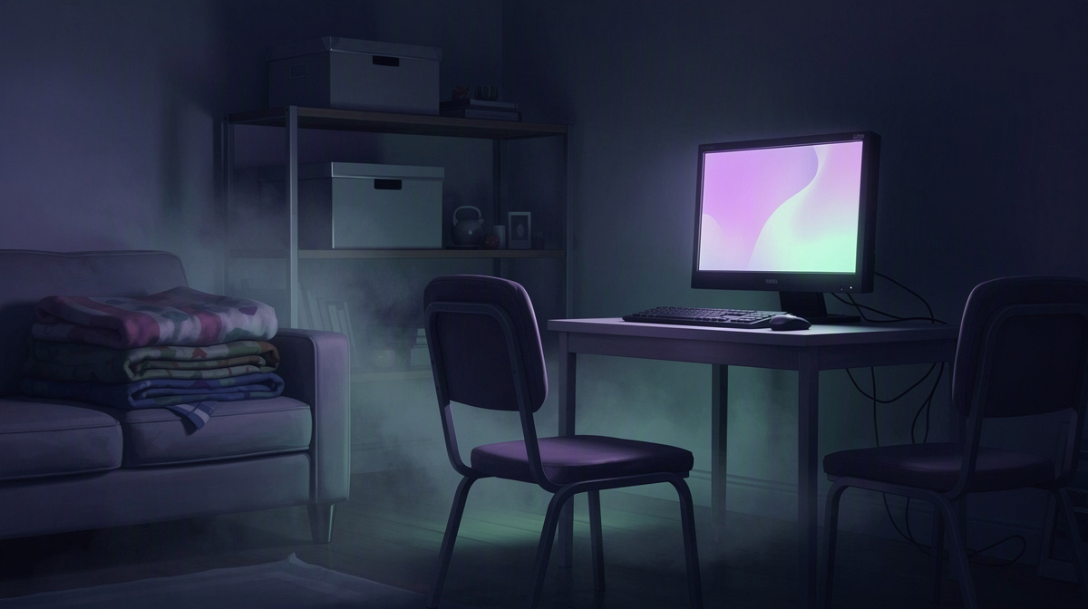 Quiet room after a session, with dim computer glow and a peaceful, paused atmosphere.