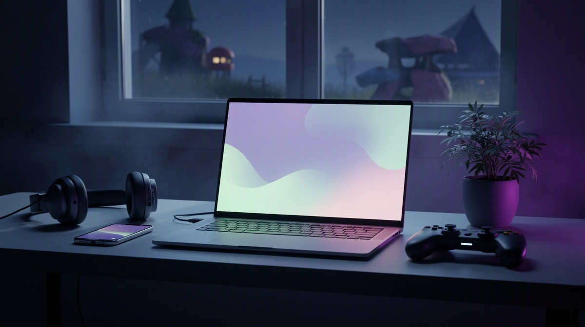 Minimal desk with laptop, phone, controller, and soft glowing screens by a window.