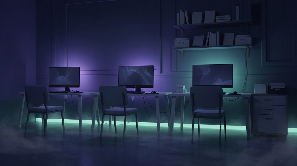 Empty gaming room at night with dim screens and neatly stored items suggesting saved progress.