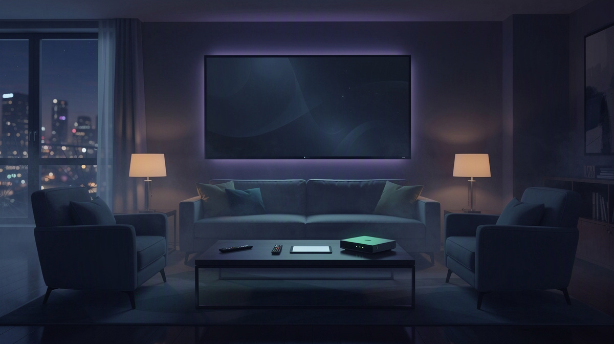 A calm evening living room with softly glowing devices ready for a shared session.