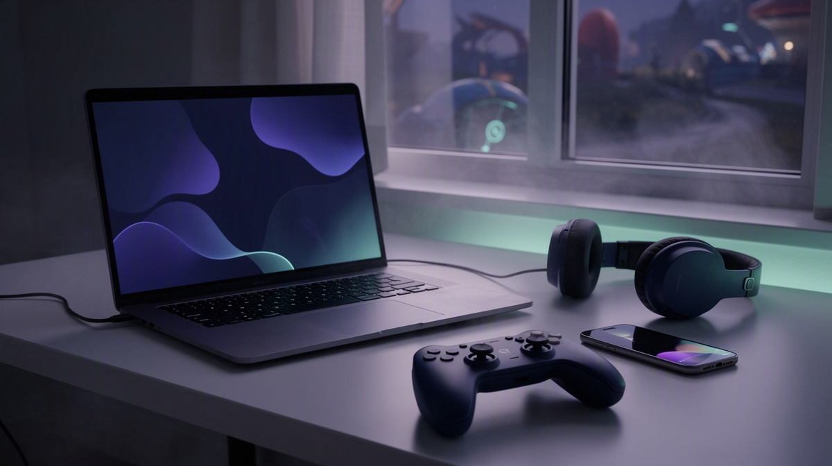 Laptop, phone, and gamepad on a desk, ready to start an online play session.