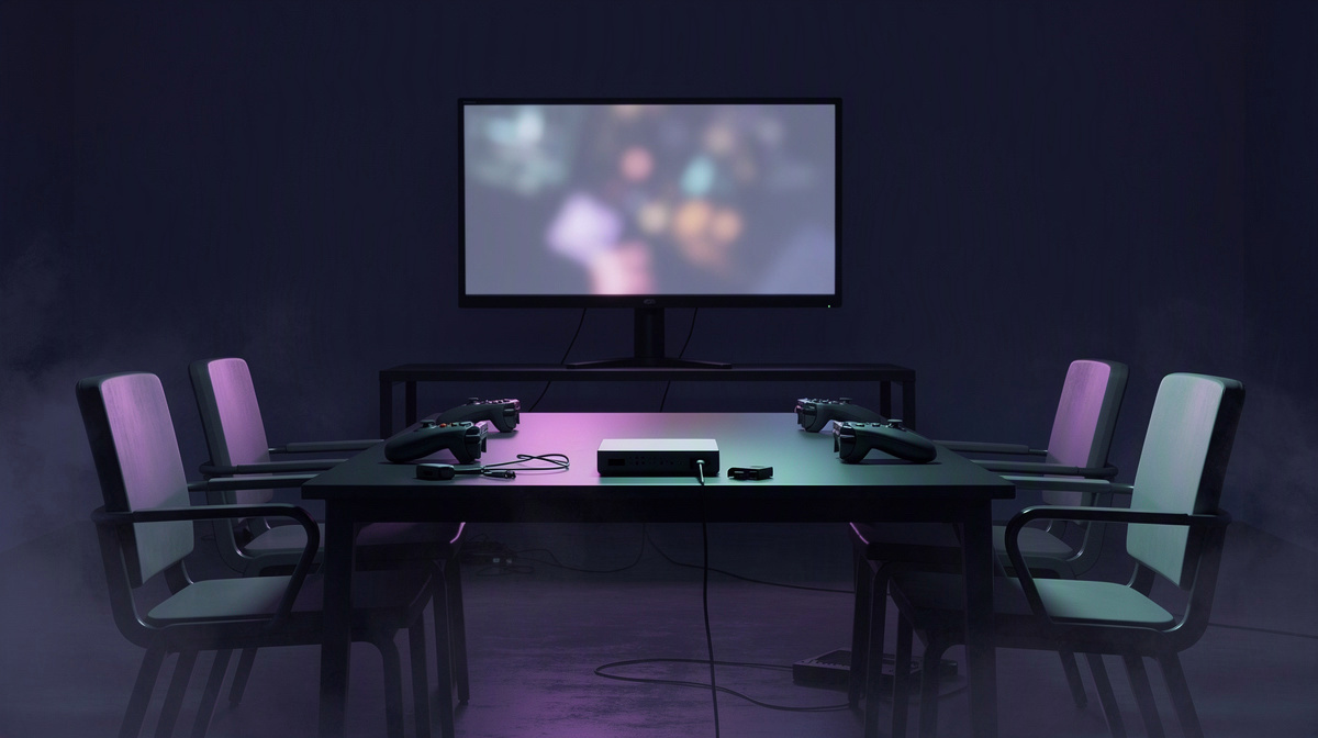 Quiet gaming room after a session, with resting controllers and a dim monitor.