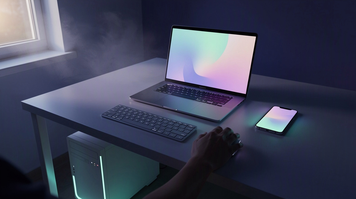 A desk with laptop, phone, and computer glowing softly as someone starts a shared server session.