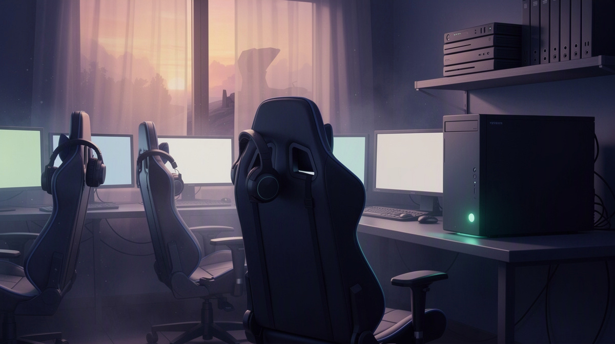 An empty gaming room at sunset with sleeping computer and neatly set-down headsets, suggesting idle pause.
