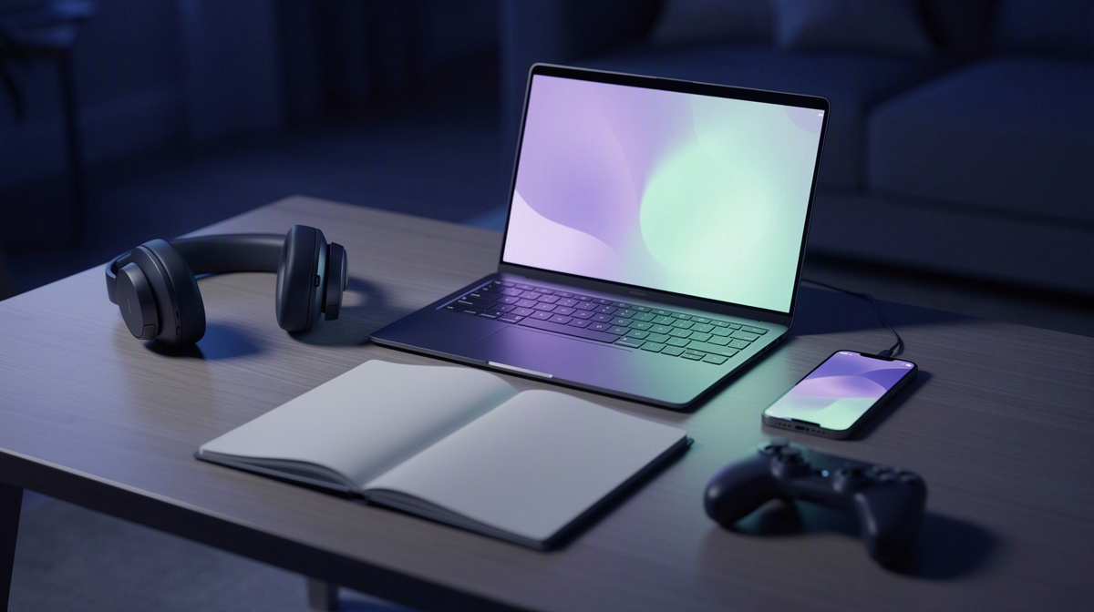 Laptop and smartphone with soft glowing screens on a tidy table, ready for easy remote setup.