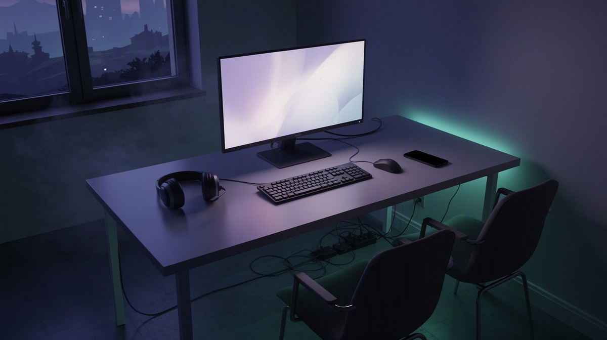 A tidy desk with a glowing monitor, phone, and headset, prepared to bring a shared server online.
