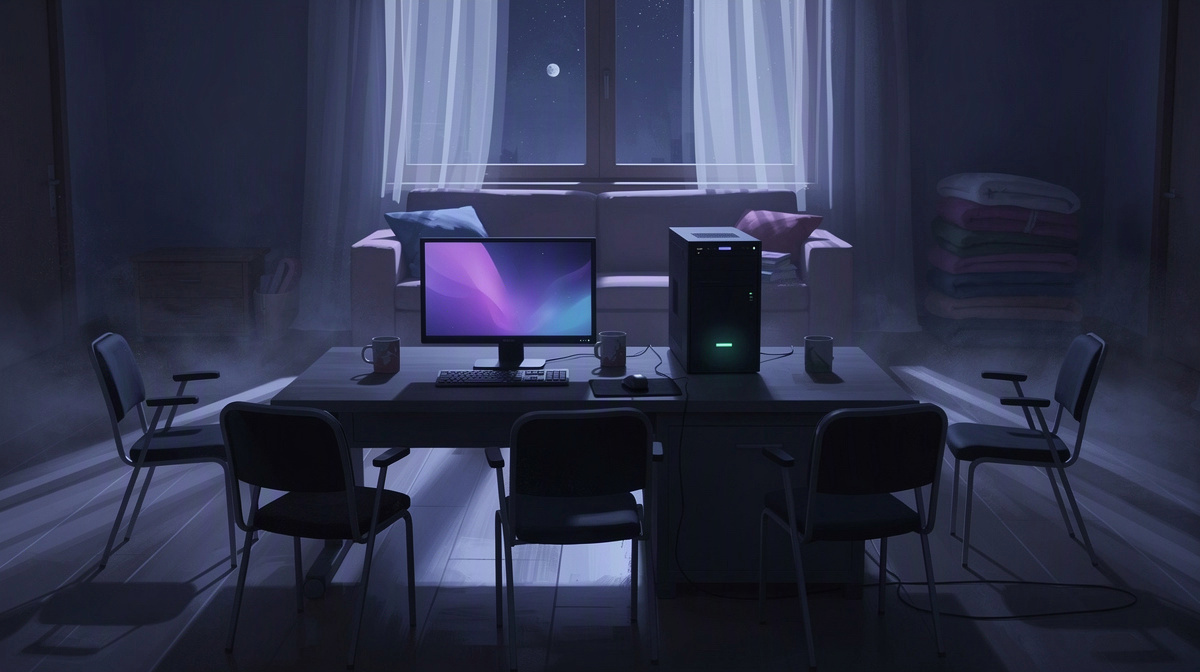 A calm room after friends log off, with dim computer light and a peaceful saved-world feeling.