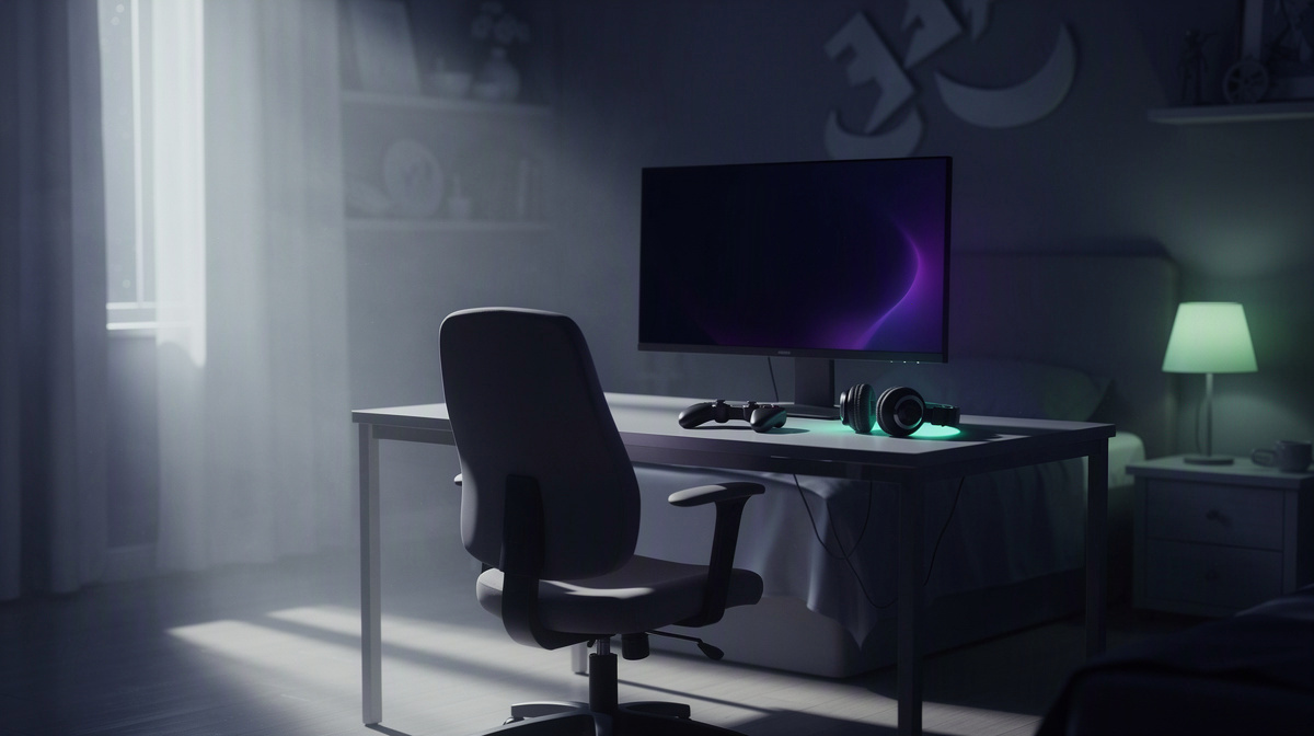 An empty gaming desk at night with dim screens and a calm, paused atmosphere.