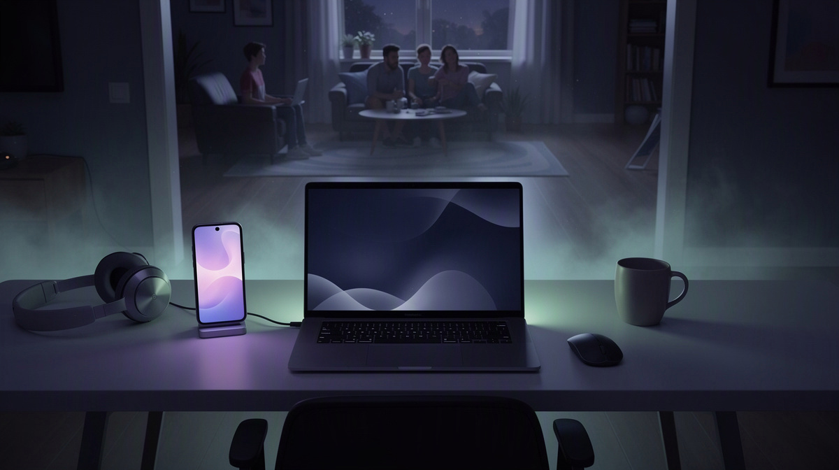 Laptop and phone on a desk with friends waiting in the background.