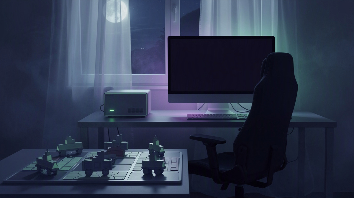 A quiet room with an idle computer and a saved game setup left ready for next time.