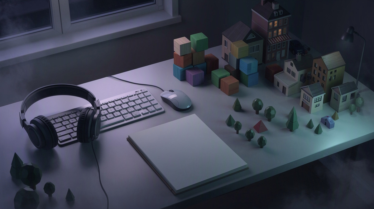 Desk with blank notebook, plain computer gear, and small building blocks in soft daylight