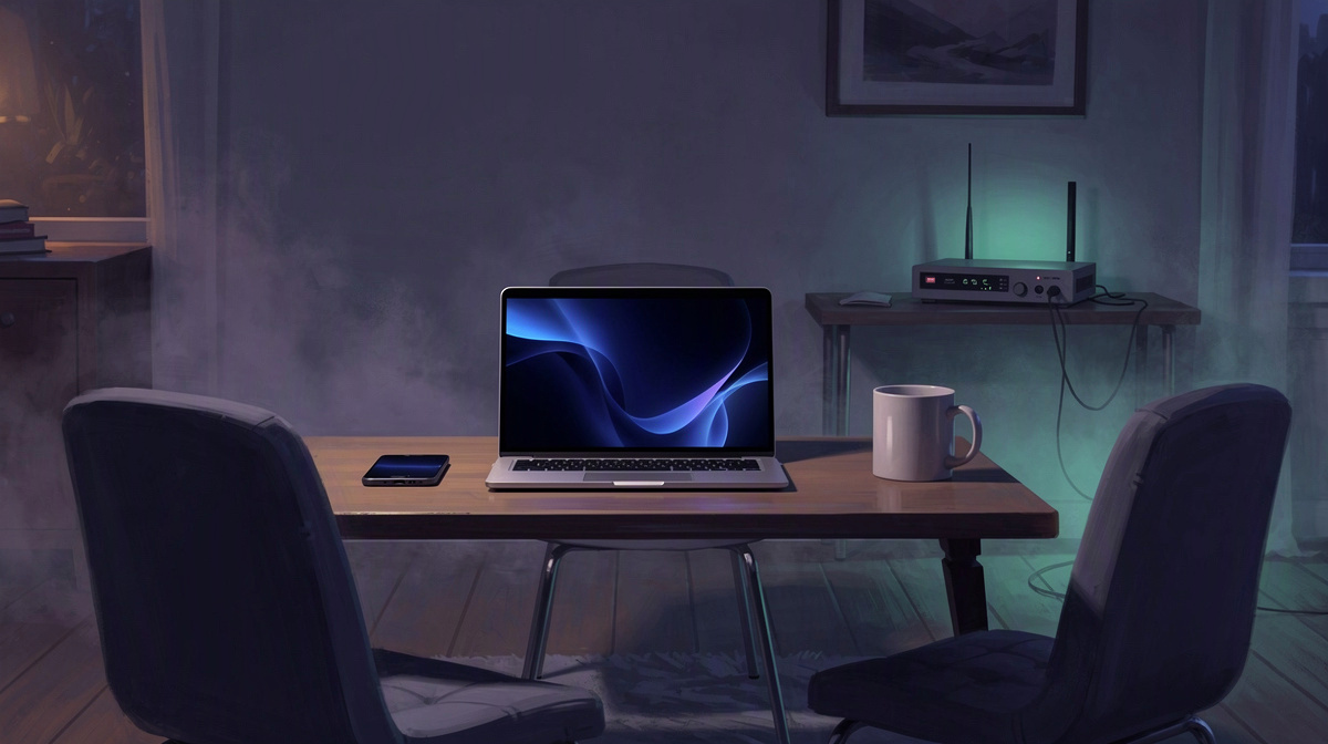 Warm home setup with a plain laptop, mug, router, and chairs arranged for friends