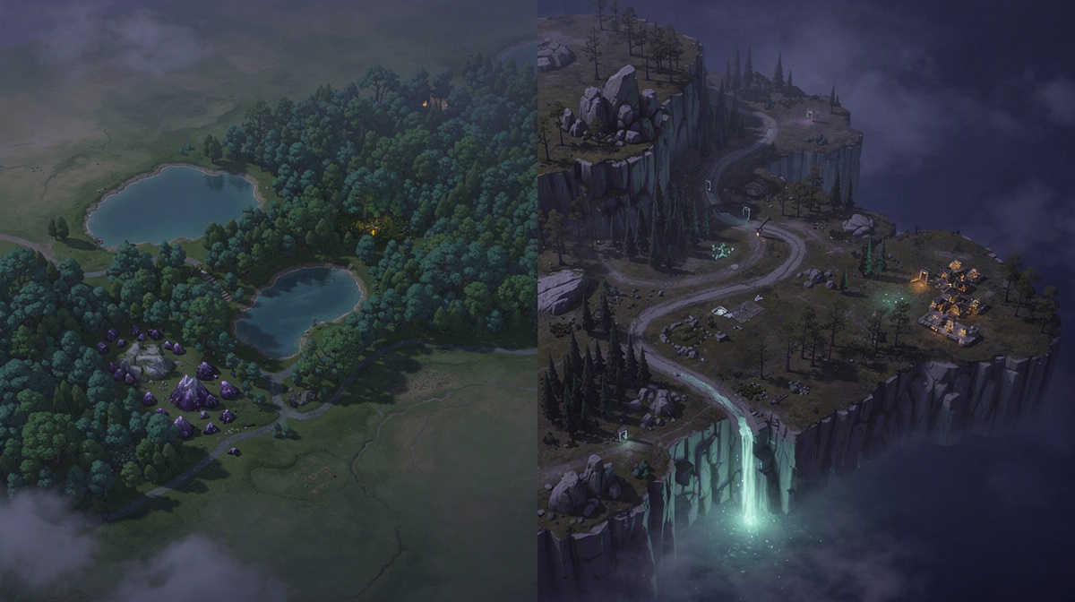 Two contrasting generated factory landscapes side by side, one lush and one dry and rocky.